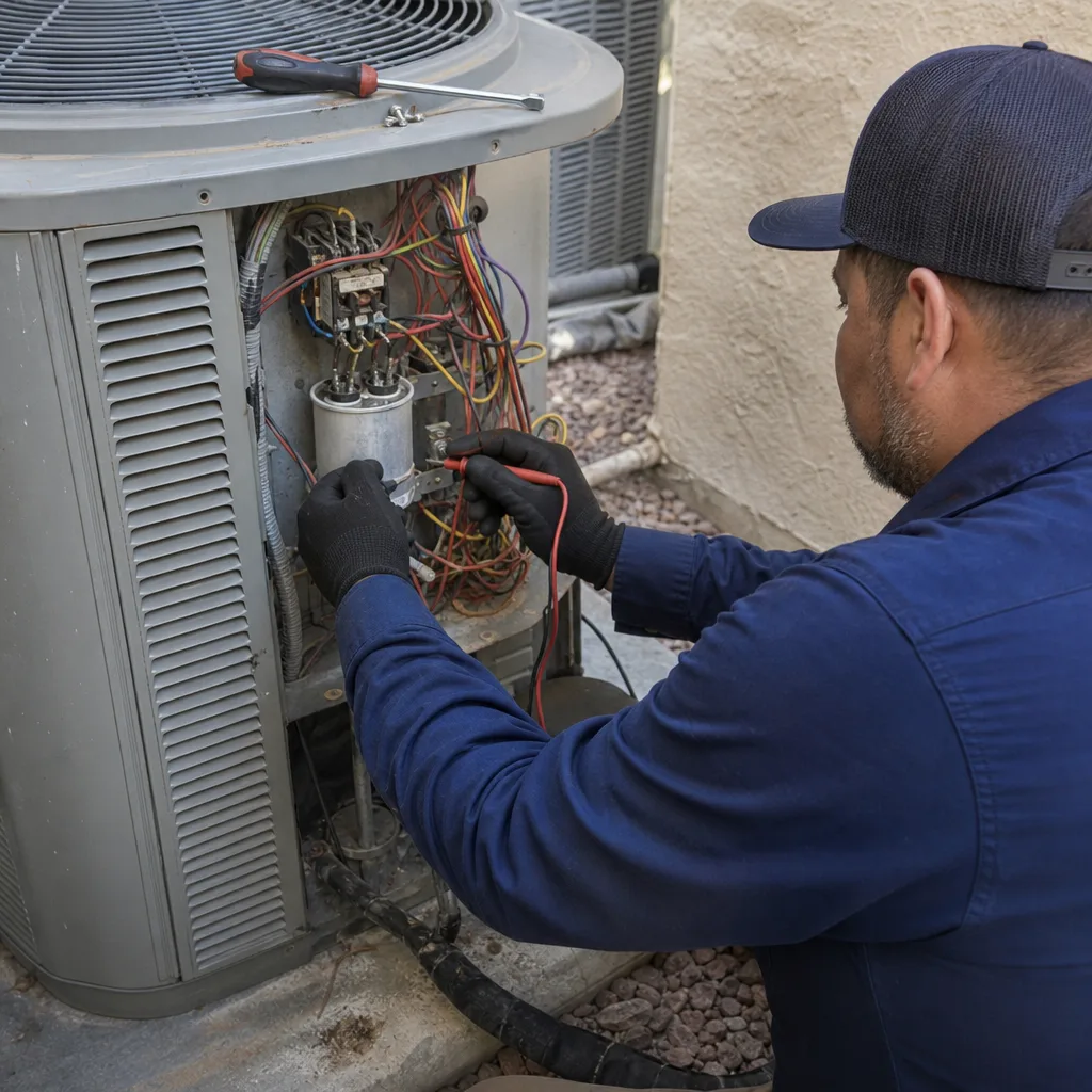 HVAC technician testing an air conditioning unit capacitor with a multimeter