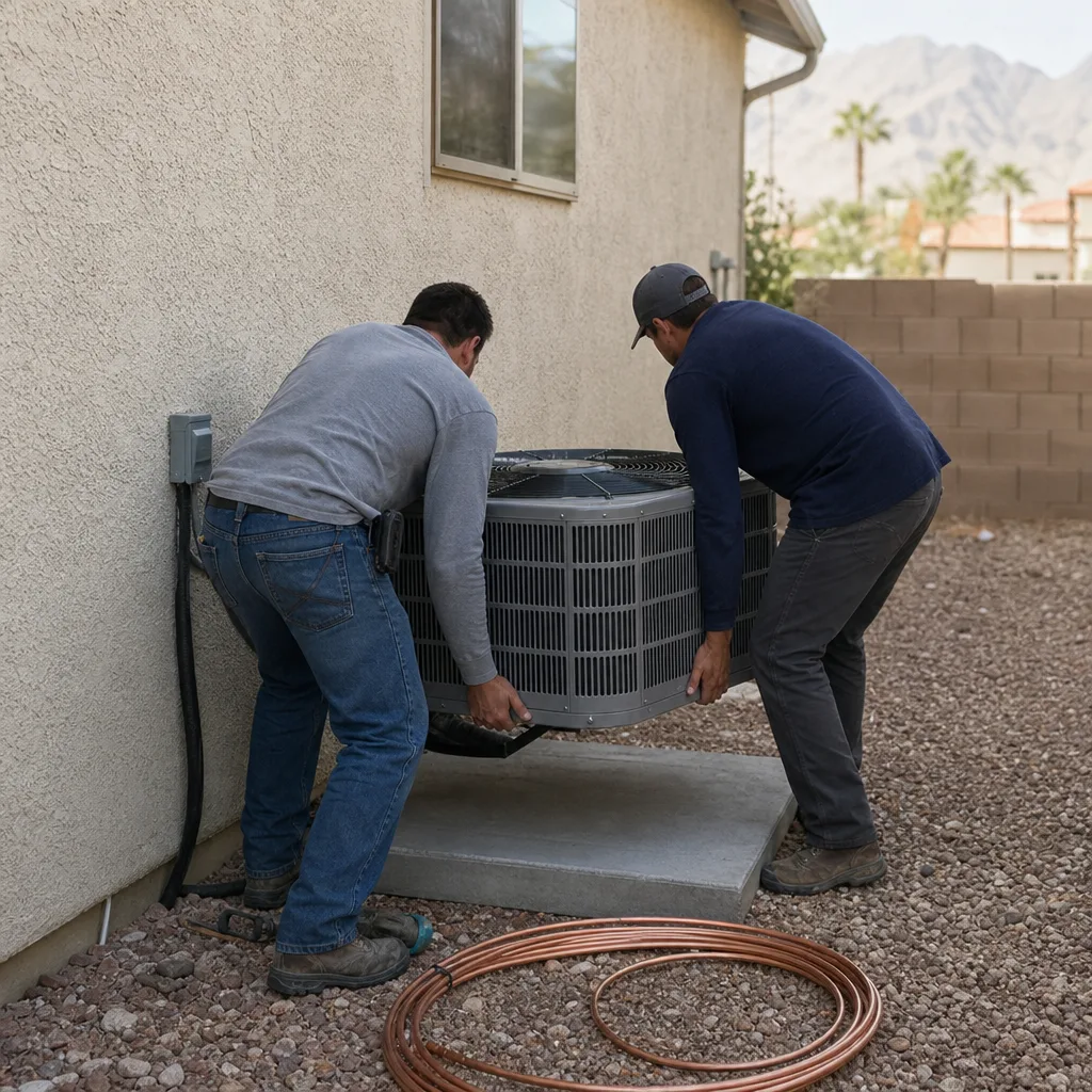 Two HVAC technicians performing a professional outdoor air conditioner installation