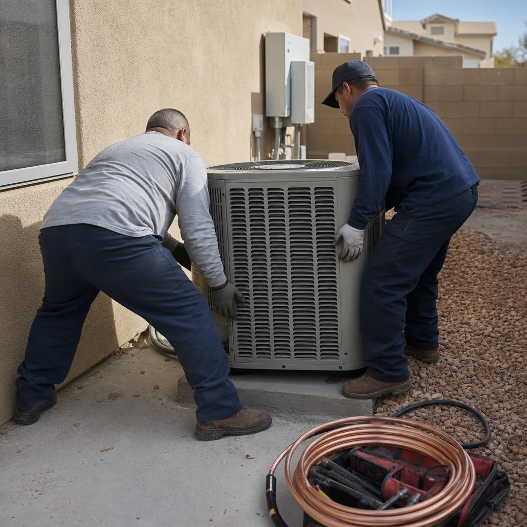 Two HVAC technicians installing an outdoor air conditioning unit