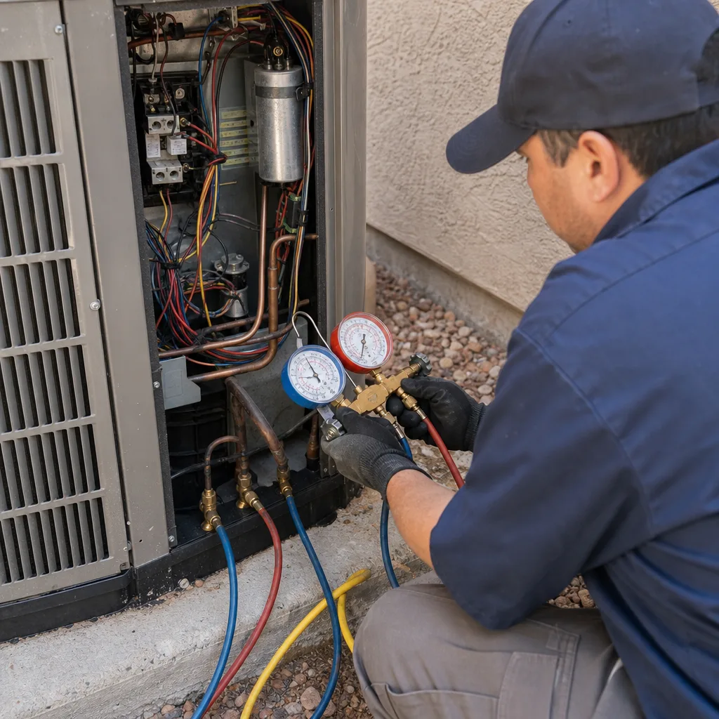 HVAC technician performing AC repair with manifold gauges on outdoor unit