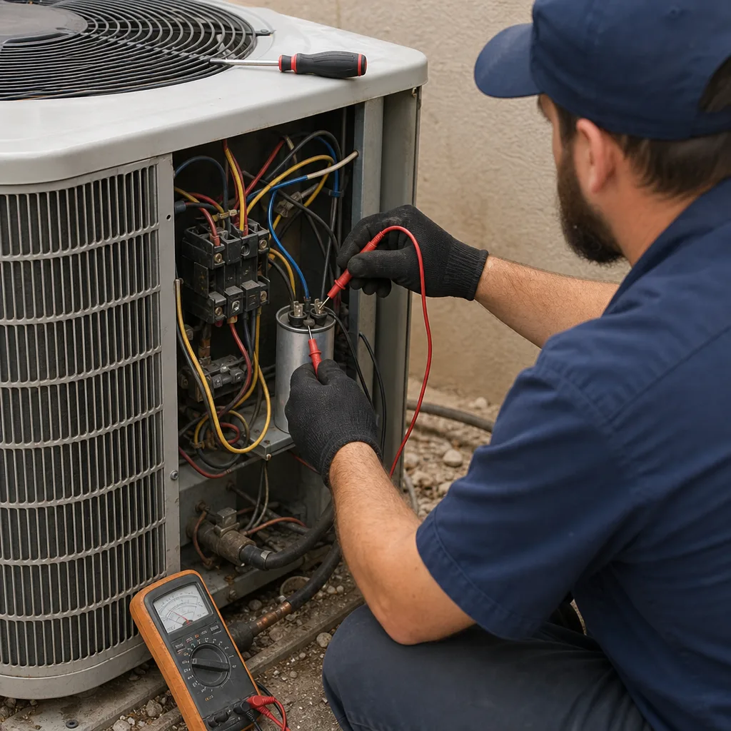 HVAC technician testing an air conditioner capacitor with a multimeter