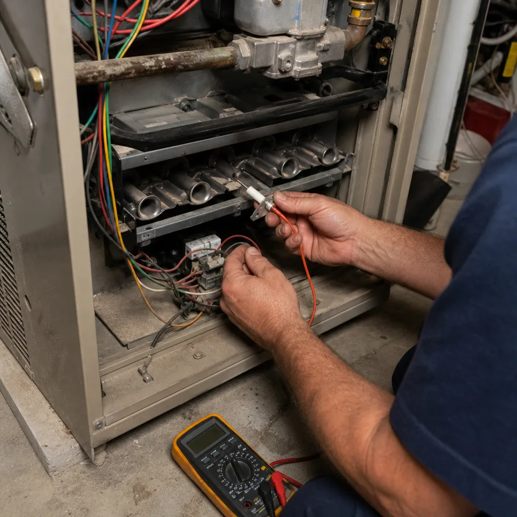 HVAC technician repairing a residential furnace using a digital multimeter.